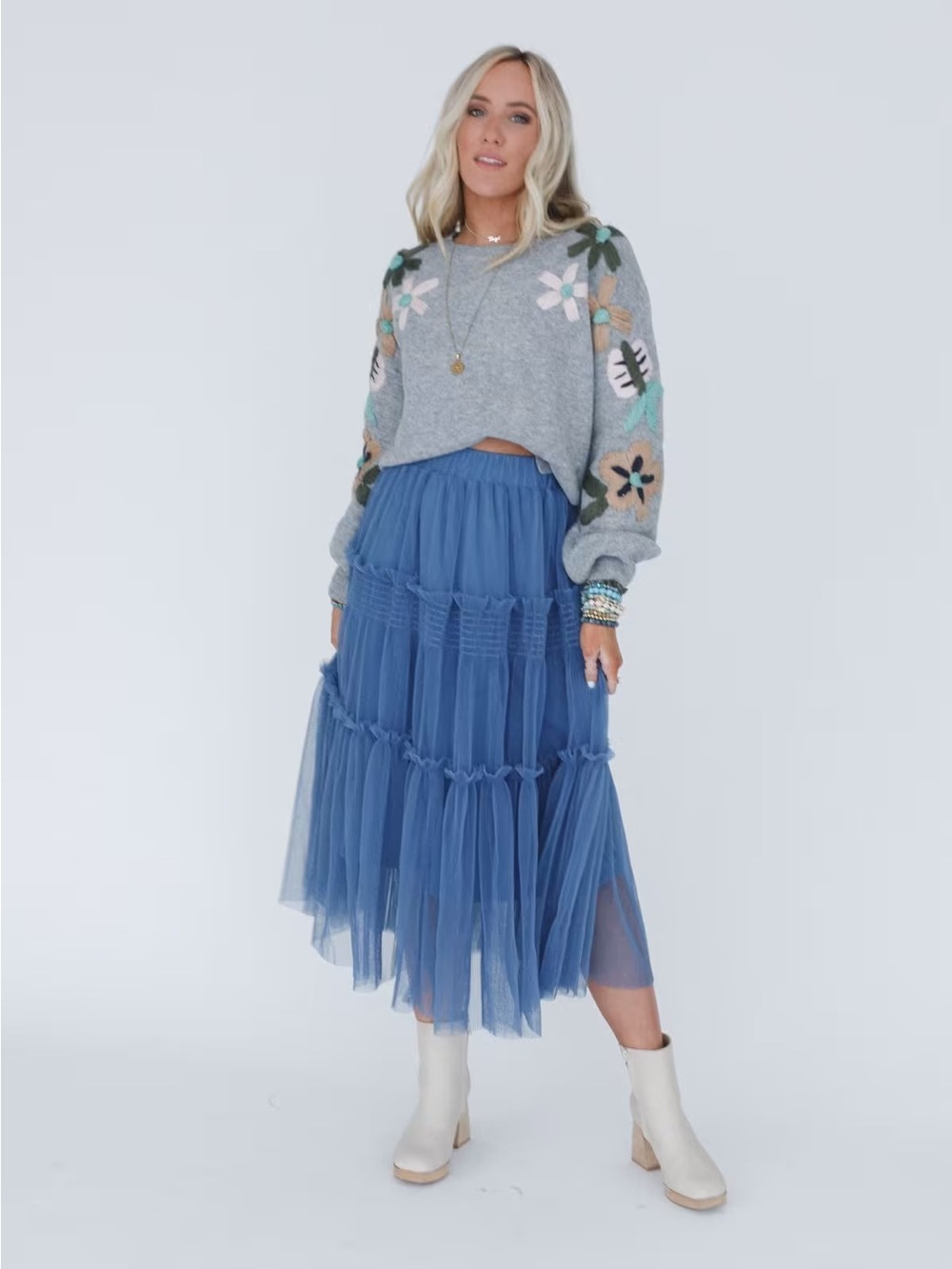 Anniewear Boho Blue Tiered Tulle Midi Skirt